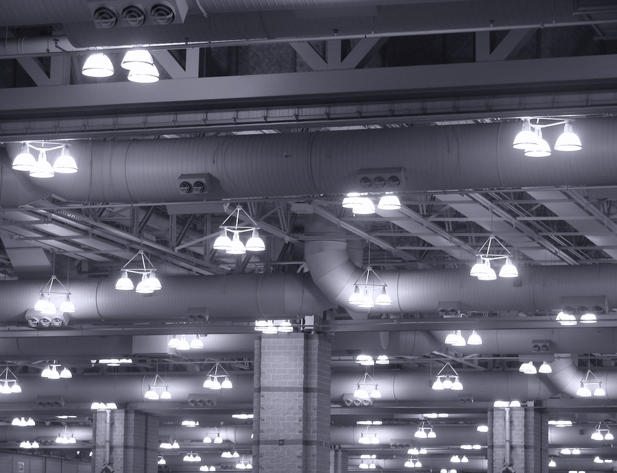 Overhead hanging lights in an industrial building