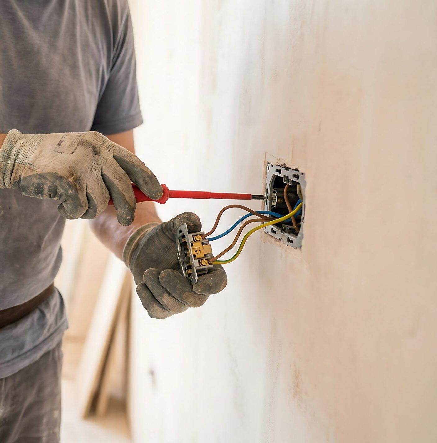 A skilled electrician wearing protective gloves and a tool belt meticulously connects wires into an electrical outlet during a residential renovation project.