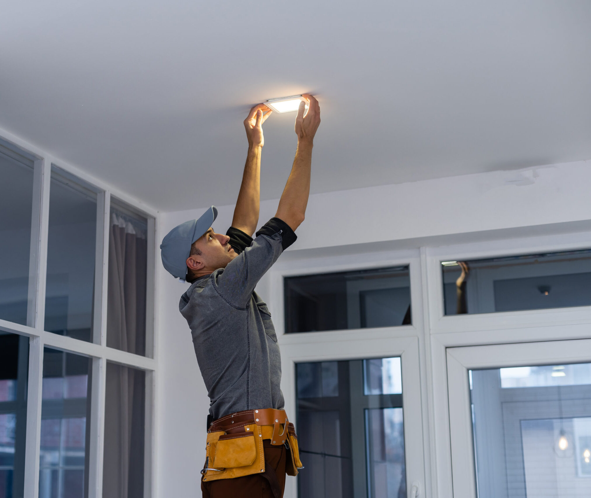 An electrician is installing spotlights on the ceiling