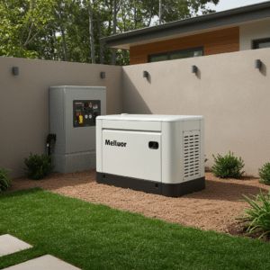 Professionally installed home generator next to modern residence with neat landscaping in natural daylight