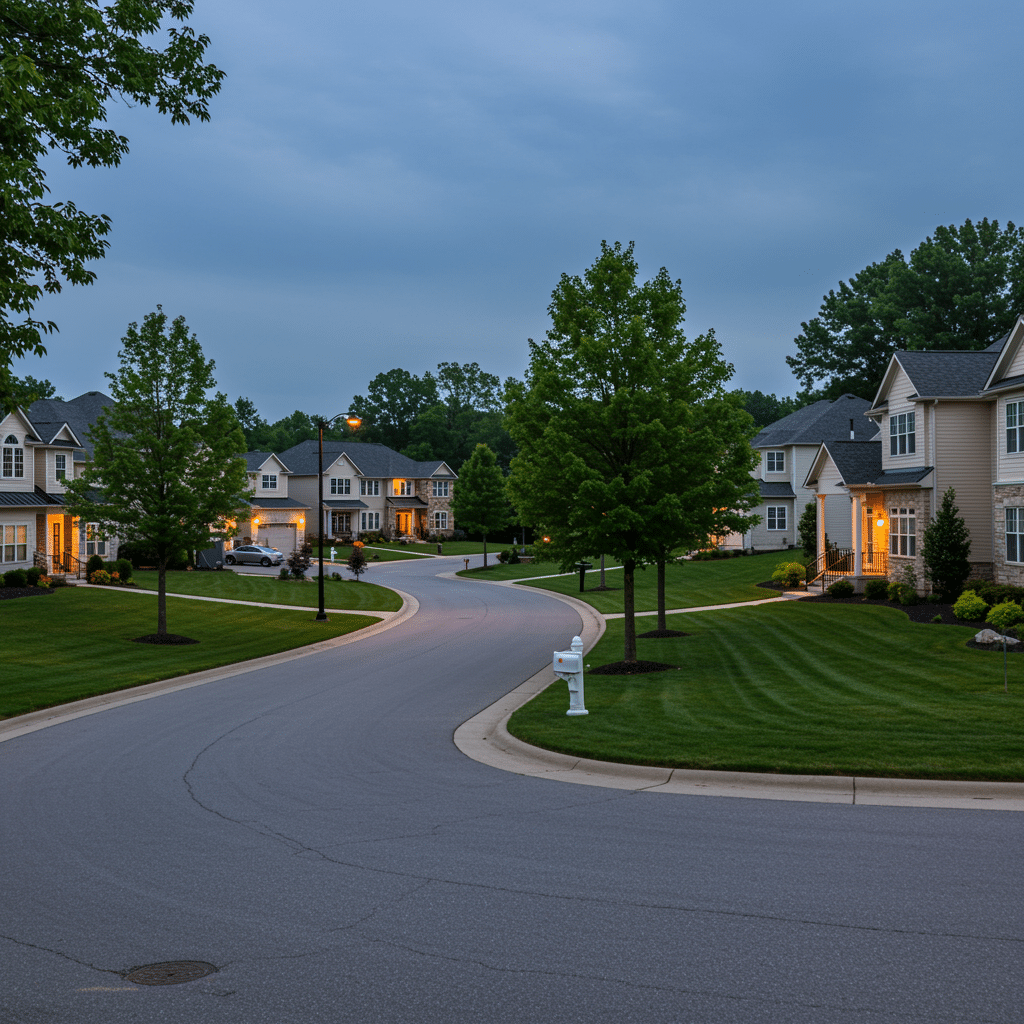 Wide view of New Albany OH residential neighborhood with modern houses, green lawns, and visible outdoor lighting, representing electrical services for homes and businesses near 2920 Switzer Ave Columbus OH 43219. No people or vehicles.