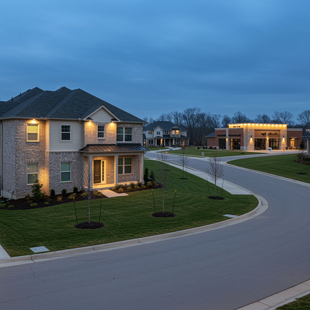 Panoramic view of New Albany OH residential neighborhood with well-lit homes and landscaped front yards, representing professional electrical services by a commercial and residential electrician at 2920 Switzer Ave Columbus OH 43219-2372